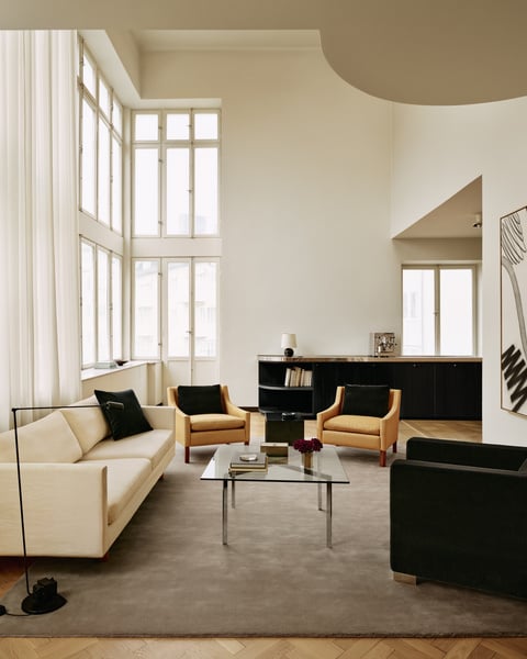 Nordic Knots Grand warm gray wool rug in a living room